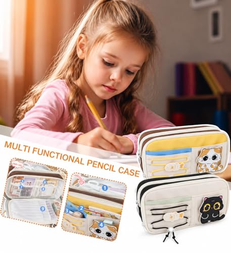 Image of WORSHIPER Large Capacity Cute Aesthetic Pencil Case with Multi ompartments, Multi-Pocket Pastel Pen Pouch Organizer with Zipper, Kawaii School Supplies Bag for Girls, Teens & Students (Black Cat)