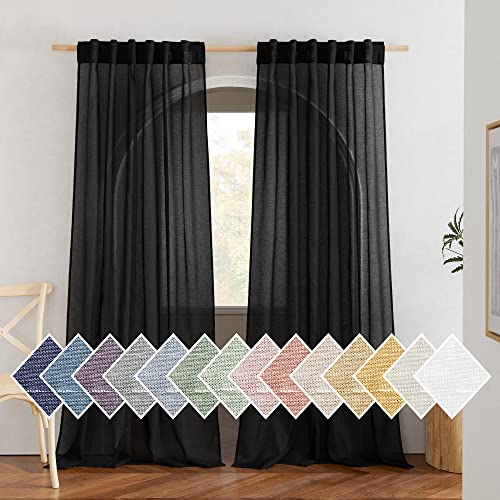NICETOWN Black Curtains Semi Sheer Linen Texture, Rod Pocket & Back Tab Sheer Linen Blend Window Drapes Aesthetic Privacy with Light Through for Boys