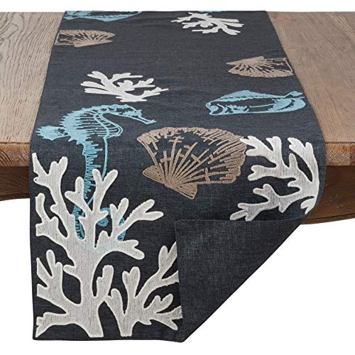 Fennco Styles Coastal Collection Sea Life Embroidered Table Runner 16 X 70 Inch - Navy Blue Table Cover For Everyday Use, Family Gathering, Banquets And Special Occasion #TOP1