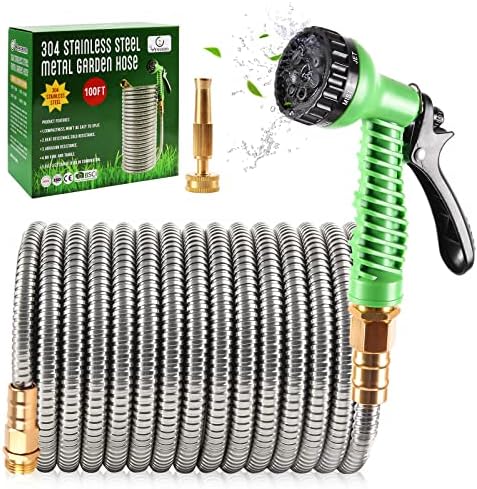 Yereen 304 Stainless Steel Metal Garden Hose 100FT, Garden Hose with 3/4" Solid Brass Fittings and 2 Function Nozzle, Kink Free Flexible Outdoor Water Hose