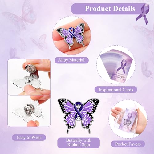 Harloon Purple Awareness Butterfly Pins Domestic Violence Awareness Pins Epilepsy Pancreatic Cancer Brooch with Cards Organza Bags for Raise Awareness Charity Event Fundraise Gathering3