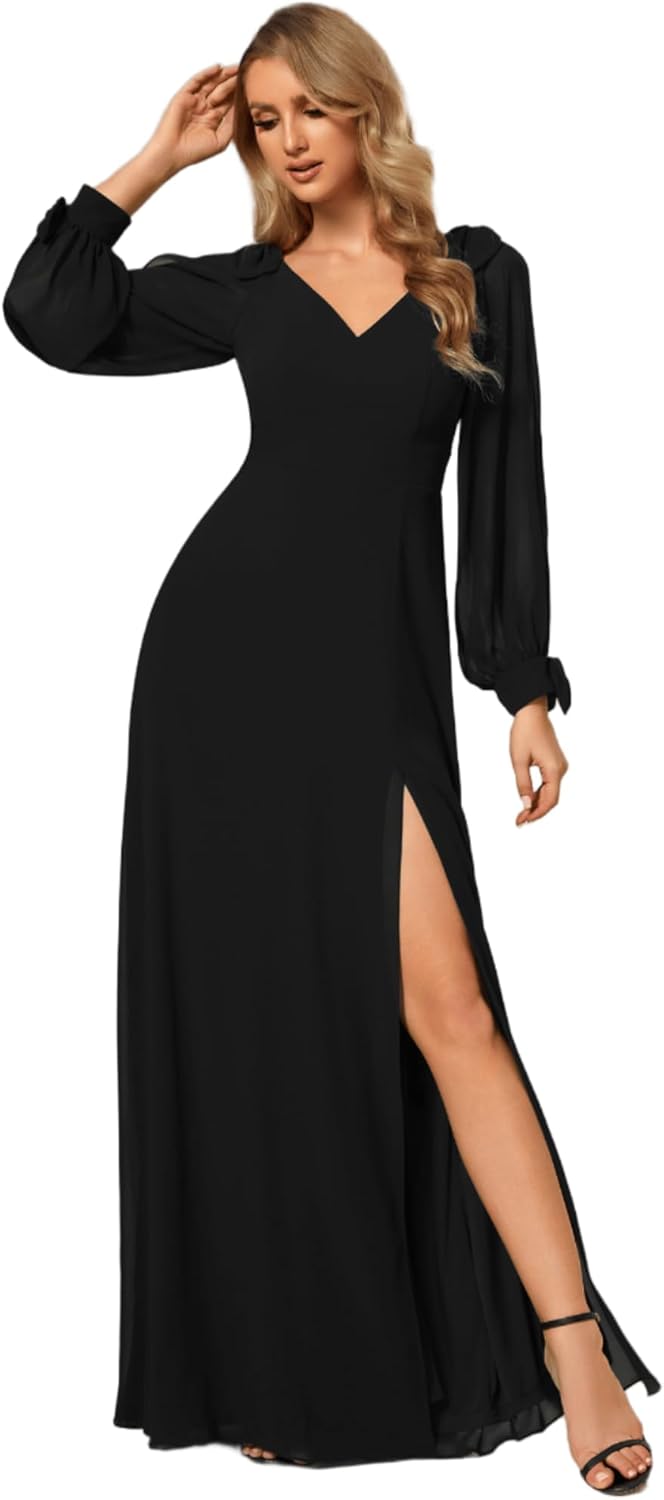 Ever-Pretty Women's Fall Winter Formal Wedding Guest Dress Long Sleeve V Neck Chiffon Floor Length Bridesmaid Dresses 80116