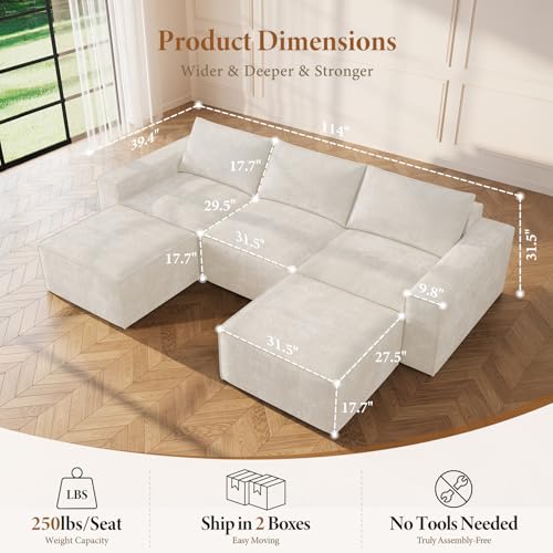 Image of Vesgantti 114 inch Boneless Modular Sectional Sofa, Modern U Shaped 5 Seater Couch with 2 Ottoman & Deep Seat, Convertible Chenille Cloud Couches for Living Room, No Assembly Required, Beige