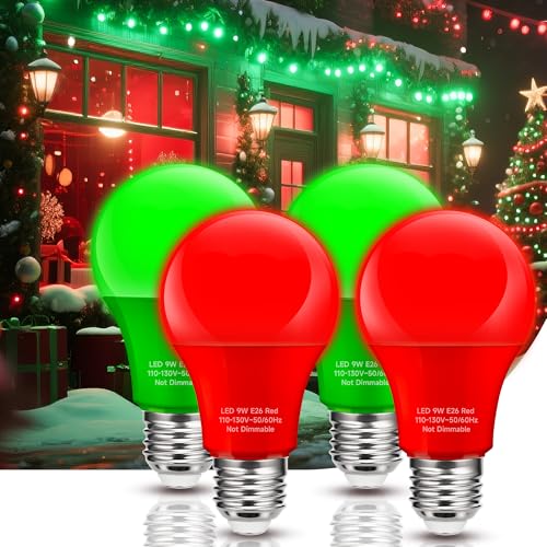 Nouscan Red Green LED Light Bulbs Outdoor [Christmas Combo], 9W Equivalent 60W, E26 Medium Base, A19 Colored Light Bulb Decorative for Halloween, Thanksgiving Day Holiday Lighting Bar, Not-Dim, 4 Pack
