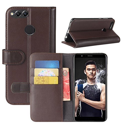 Huawei Mate SE Case, Huawei Honor 7X Case, Fettion Genuine Leather Wallet Flip Phone Protective Case Cover with Card Slots for Huawei Honor 7X / Huawei Mate SE Smartphone (Brown)