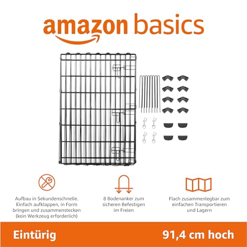 Amazon Basics Achteckig, Laufgehege für Hunde und andere Haustiere, faltbar, Metall, mit Tür, 91 cm, Schwarzer