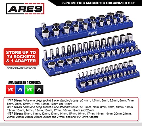 Image of ARES 60036-3-Piece Set Metric Magnetic Socket Organizer - Blue - Includes 1 /4 in, 3 /8 in, 1 /2 in Socket Holders - 75 Pieces of Standard (Shallow) and Deep Sockets - Keeps Your Tool Box Organized