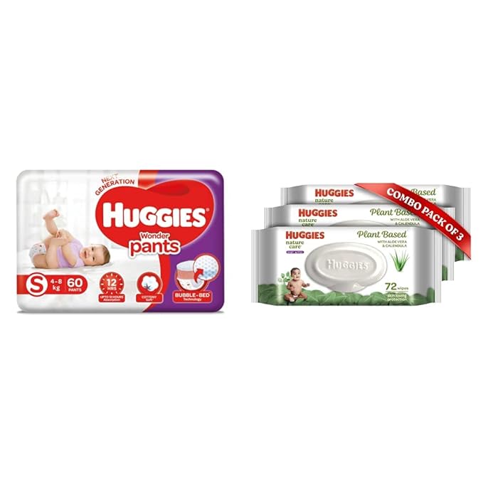 Huggies Wonder Pants Diapers, Small (Pack of 60) & Huggies Baby Wipes - Cucumber & Aloe, Pack of 3 (216 Wipes)