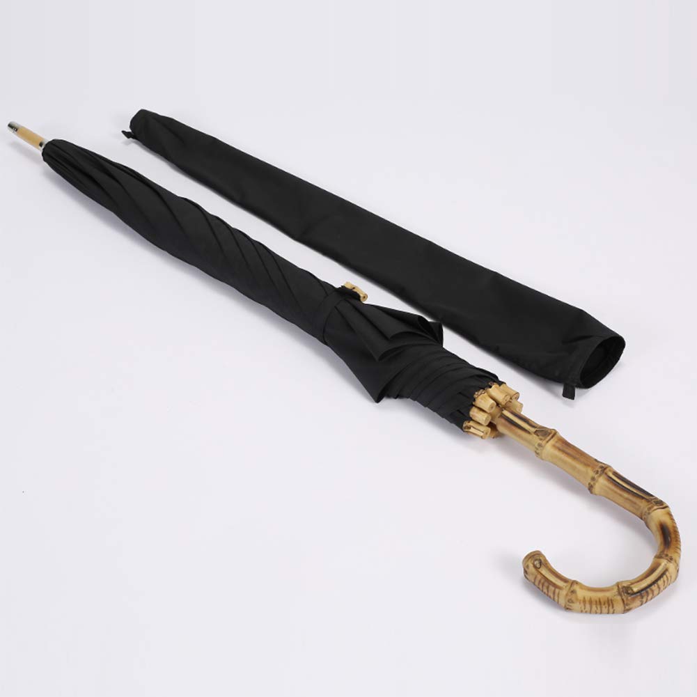 Paraguas De Mango Largo, Tejido Grueso Con Memoria, Superficie De Paraguas De 0 Transmisión De Luz, Con Mango De Bambú, Paraguas De Lluvia O Sol, UPF50 +, Con Funda Protectora Portátil, Negro