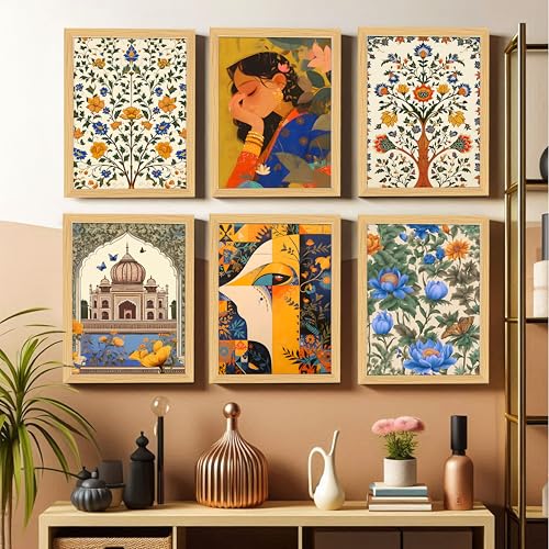 Image of PAINTINGMANTRA Mughal Floral Madhubani Wall Art With Frame For Living Room, Madhubani paintings for Bedroom Home And Office Wall Decor, Set of 6, 9x13 Inch