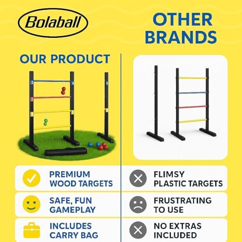 Pro Ladder Toss Indoor Outdoor Game Set for Yard & Lawn Games with 6 Soft Rubber Bolo Balls Heavy Duty Bars Stands & Travel Carrying Case | Game for Family Kids Beach Party Picnic (Pack of 24)