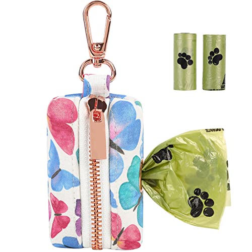 Image of ARING PET Dog Waste Bag Dispenser, Cotton Doggy Poop Bags Holders Attach to Any Leashes, Portable Washable Butterfly Pattern Pet Waste Pouch Dispenser with Metal Zipper