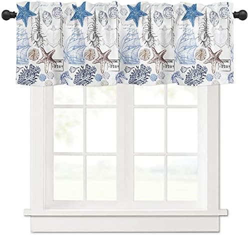 Yun Nist Coastal Curtain Valance for Windows,Nautical Starfish Blue Seaweed Window Toppers Valances,Underwater World Pocket Window Treatment Short Curtains for Kitchen Bathroom Bedroom 54x18in