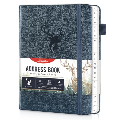 Address Book with Alphabetical Tabs, Hardcover Large Print Telephone and Address Book for Keeping Contacts Safe with Space for Important Website Passwords and Back Pocket 5'' x 7.6'' (Dark Blue)