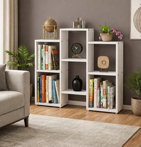 Image of Enigmatic Woodworks Wooden Bookshelf 6-Tier, Large Open Bookcase Storage Rack Organizer for Home, Living Room & Study, DIY Assembly,White Suede Finish, 24 x 90 x 90 cm