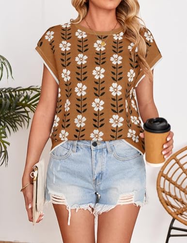 Image of ZESICA Women's Summer Trendy Knit Top 2026 Floral Print Short Sleeve Crewneck Loose Fit Sweater Vest Going Out Clothes