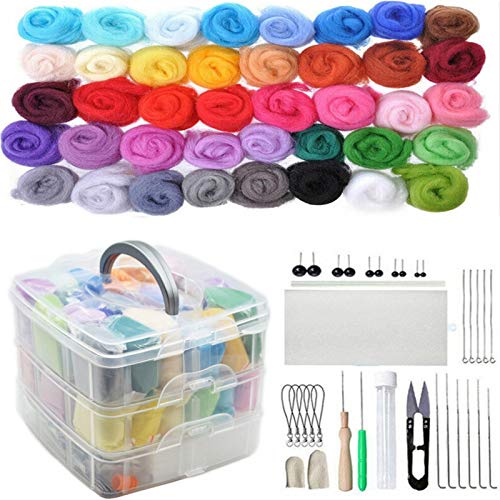 Joyeee Nadelfilz set für anfänger, Nadelfilz-Anfänger DIY-Set mit 40 Farben Filzwolle Roving, komplettes Nadelfilzwerkzeug-Zubehör, 3 Größen Filzen Nadeln, Ahle, Schere, Holzgriff Cover