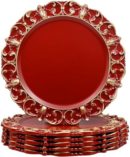 Red Charger Plates Set of 6, Decorative Table Plastic Chargers for Dinner Plates, Party, Wedding, Thanksgiving, Christmas, FD51R