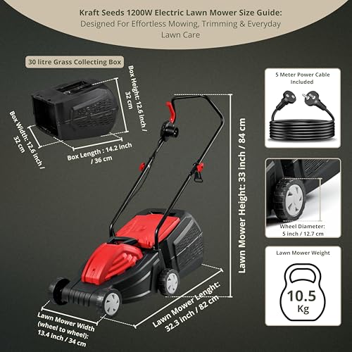 Image of Kraft Seeds 1200W Electric Lawn Mower Corded Grass Cutting Machine Electric 12 Inch Blade with 3-Level Height Adjustment (25mm, 45mm, 55mm), 30L Grass Collector Box Walk Behind Grass Cutting Machine