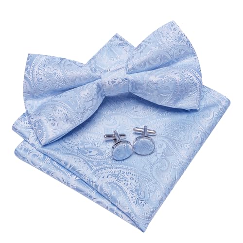 Image of Barry.Wang Paisley Striped Bow Tie for Men Silk Pre-Tied Bowtie Pocket Square Cufflinks Set Formal Wedding Party Prom