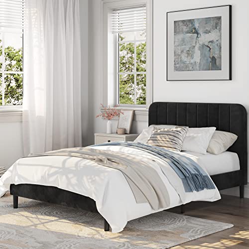 Yaheetech Upholstered Platform Bed With Tufted Velvet Headboard/Mattress Foundation/Strong Wooden Slats, No Box Spring Needed, Easy Assembly, Black, Full Size #TOP2