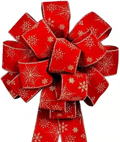 3pcs Red Velvet Ribbon Christmas Bows with Gold Snowflakes, Handmade(26”x 12”) Wired Red Bows, Large Ribbon Bows, Thanksgiving/Christmas Tree Topper, Garland/Wreath Bow, Tree Topper Bows