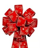 3pcs Red Velvet Ribbon Christmas Bows with Gold Snowflakes, Handmade(26”x 12”) Wired Red Bows, Large