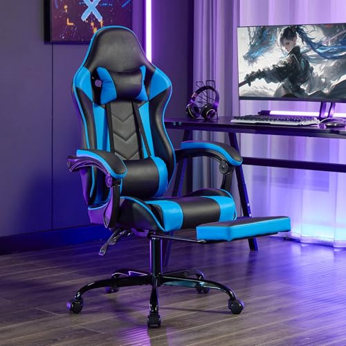 Image of Gaming Desk Chair for Adults, Ergonomic Gaming Chair (Black+Blue) | with Footrest Headrest and Lumbar Support, Leather Material Height Adjustable computer Video Game Chairs