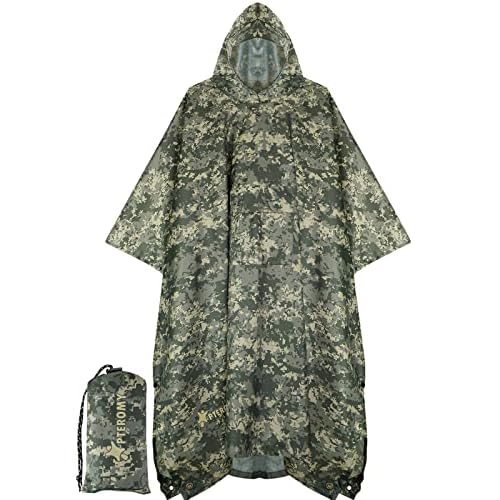 PTEROMY Hooded Rain Poncho for Adult with Pocket, Waterproof Lightweight Unisex Raincoat for Hiking Camping Emergency Green Digi Camo