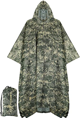 PTEROMY Hooded Rain Poncho for Adult with Pocket, Waterproof Lightweight Unisex Raincoat for Hiking Camping Emergency (Green Digi Camo), Green Digi Camo, One size