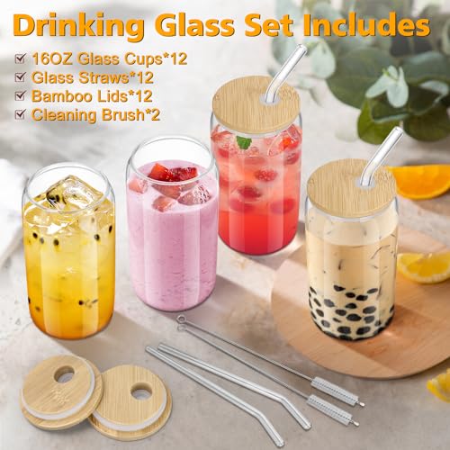 Image of sungwoo 12PCS Glass Cups with Bamboo Lids and Straws, 16OZ Ice Coffee Cup, Drinking Cup set with Wooden Lids, Home Essential Glass Tumblers for Beer, Cocktail, Tea and Latte Clear