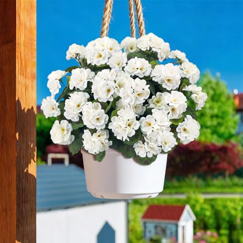 Image of Bassion Artificial Flowers for Outdoors, 6 Pcs White Fake Geraniums | UV resistant, silk flowers, realistic artificial geraniums, planter window box balcony outdoor garden outside decoration