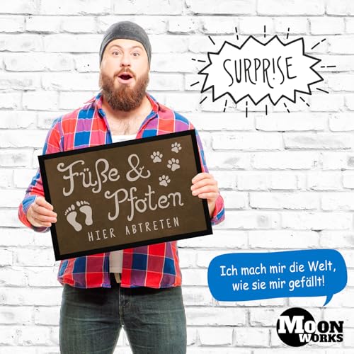 MoonWorks® Fußmatte Füße und Pfoten Hier abtreten Spruch lustig Hund Katze Haustier-Besitzer rutschfest & waschbar Schwarz 60x40cm