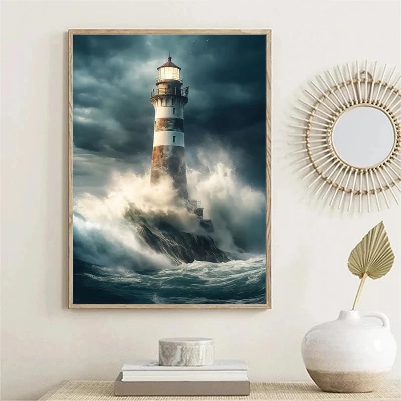 Fotografía de faro atardecer olas decoración salón póster lienzo 70x100