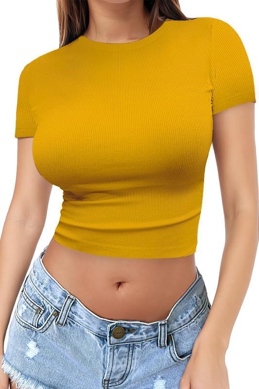 Allimy Womens Summer Short Sleeve Slim Fitted Tshirt Round Neck Ribbed Crop Tops - Image 3