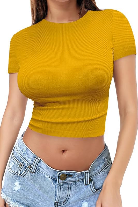 Allimy Womens Summer Short Sleeve Slim Fitted Tshirt Round Neck Ribbed Crop Tops3