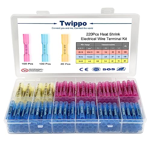 Twippo - Twippo 220Pcs But Terminal Connectors Waterproof Heat Shrink Wire Connectors Automotive Electrical Connector Terminals Kit Crimp Connectors (22-10 Gauge)