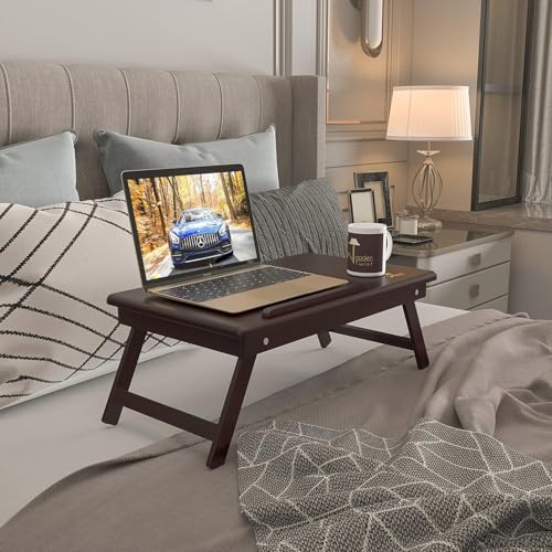 Image of WOOYNEX Wooden Laptop Table Standard Adjustable Study Table with Laptop, Portable Lap Desk, Multifunctional Bed Table with Drawer and Folding Legs (Brown)