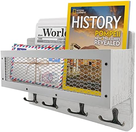 Ismosm Key Holder Mail Organizer Wall Mount Key Mail Holder Dog Leash Holder Key Rack with 4 Double Key Hooks Rustic Wall Decor for Entryway, Hallway, Kitchen, Living Room, Mudroom, Office, RV (White)