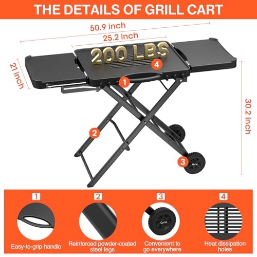 Image of Grill Stand for Ninja Woodfire OG701, OG850, OG951, Portable Foldable Grill Table with Wheels & Side Shelf, 51 inch Large Space BBQ Table for Weber, Blackstone Griddle, Ooni Pizza Oven Accessories