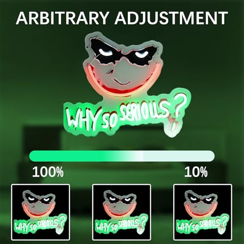Image of Why So Serious Joker Neon Sign, UV Print LED Neon Light with Dimmer, 16x13 Inches, USB Powered Wall Decor for Bedroom, Game Room, Bar, Party