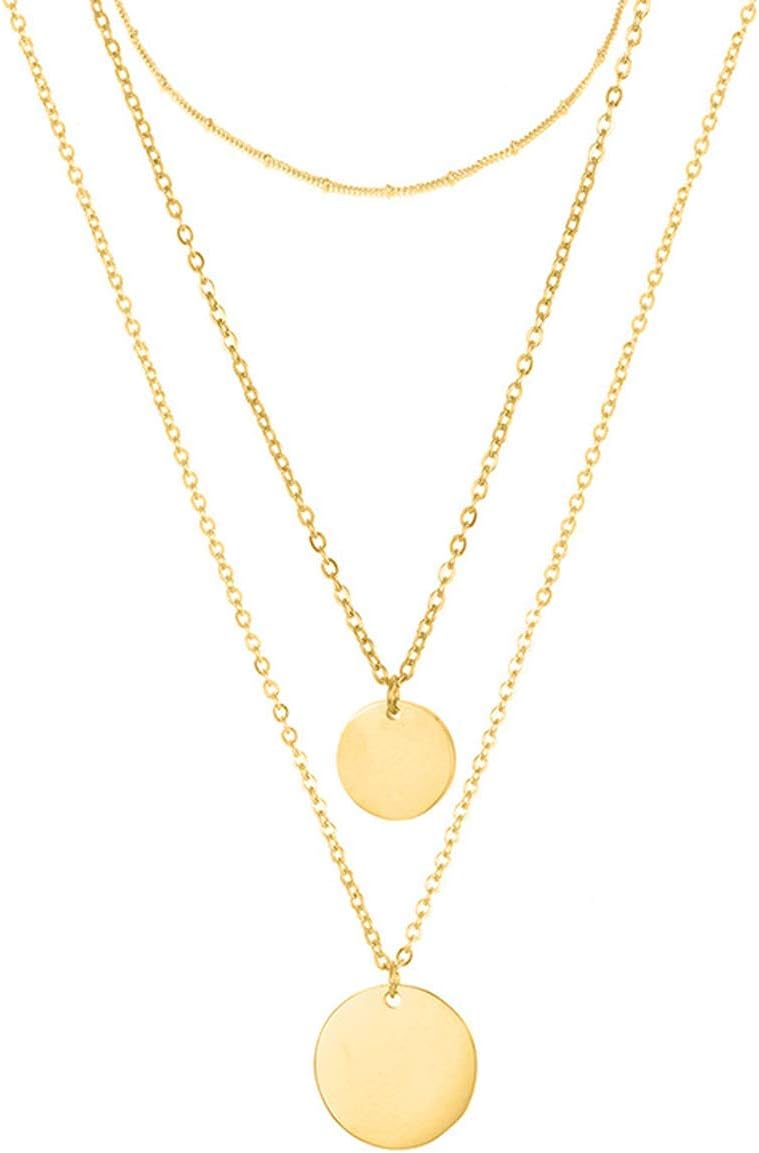 Gold Tiny Layered Dainty Necklace 18K Gold Plated Cute 3 Layered Circle Round Disc Handmade Dainty Charm Minimalist Simple Chain Pendant Necklace for Women