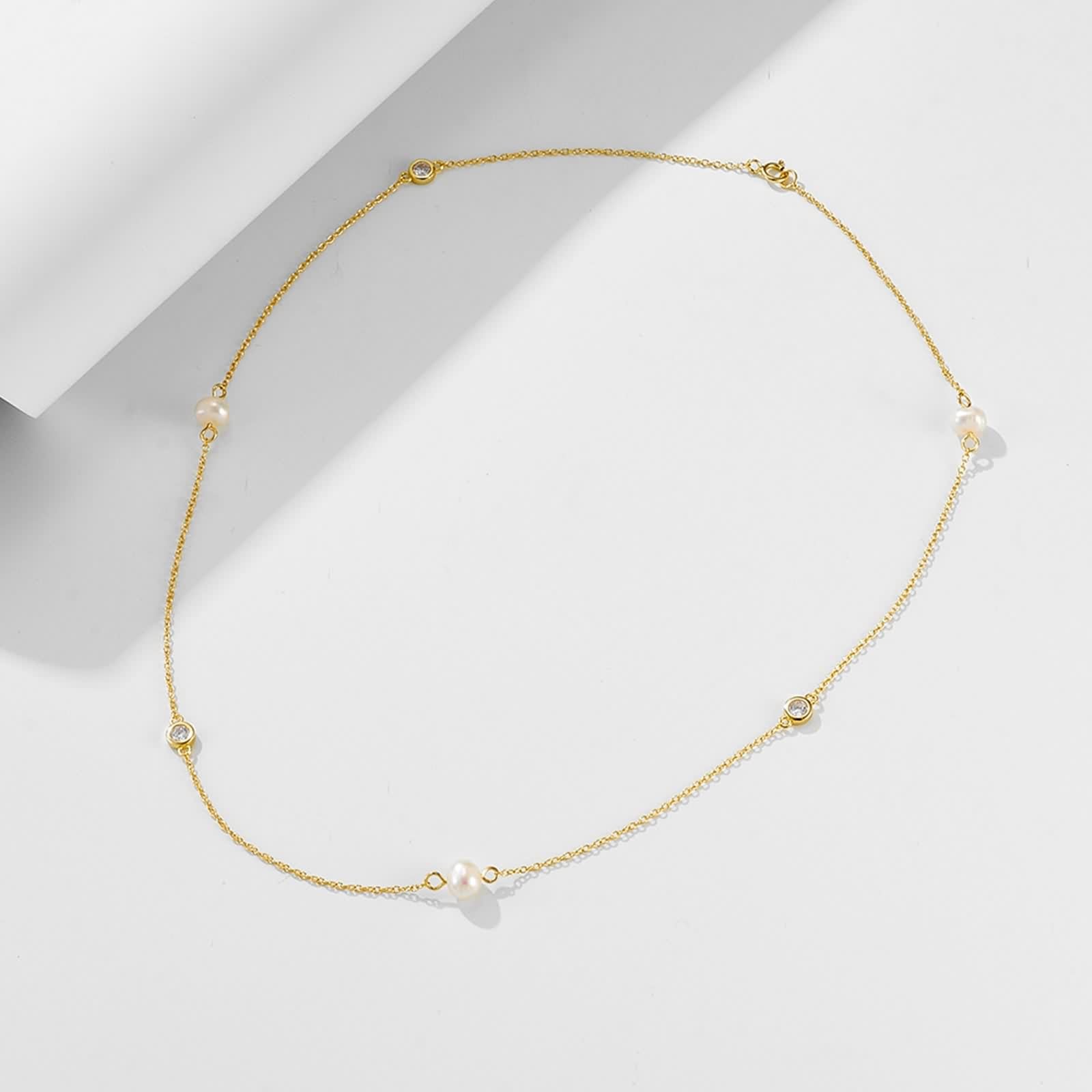 Perlen Halskette Gold, Halskette Frauen Anhänger Kette Echtschmuck 9K/14K/18K Gelbgold mit Moissanit Elegant 45cm Lang