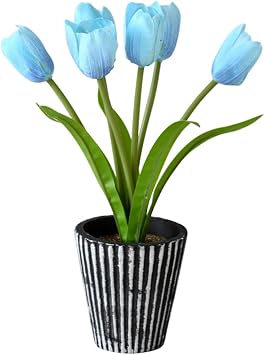 YZZY 1 PCS Artificial Potted Tulips Flowers 11.41 Inches Fake Potted Plants Arrangement for Indoor Home Decoration Blue