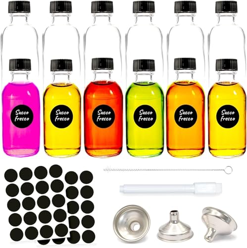 volila Bottiglie di Vetro per liquori, Set con 12 bottigliette da 60 ml, con Mini Imbuto, 24 Sticker tondi per Etichette e Penna in Gesso, vasetti di Vetro per Oli Essenziali, alcolici e bomboniere