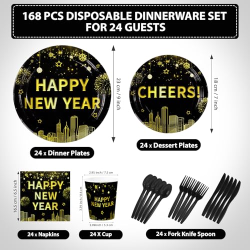 168Pcs Happy New Year Party Decorations Black and Gold 2026 Cheers Theme Plates and Napkins Cups Forks Tableware Sets for Happy New Year Eve 2026 Winter Holiday Birthday Party Supplies Serves 24 - Image 4