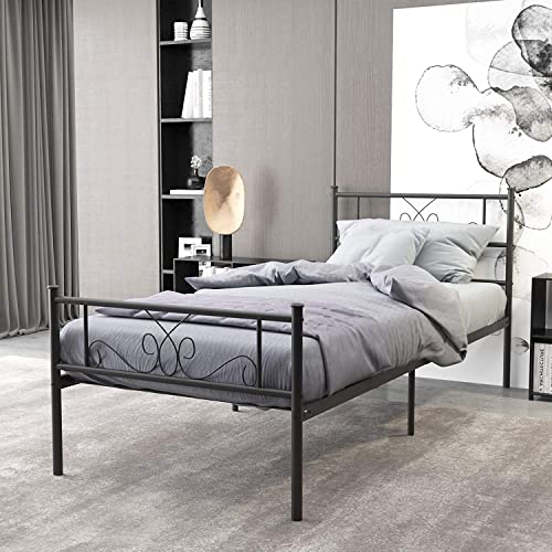 SimLife Twin Size Bed Frame with Headboard and Footboard Metal Platform Bed for Kids Adults No Box Spring Support Needed Easy to Put Together Black