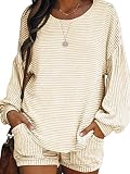 KIKIBERRY Womens Striped Knit Scoop Neck Lounge Set Long Sleeve 2 Piece Loungewear Pajamas With Pock