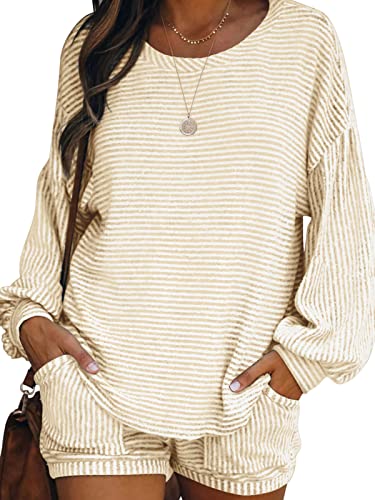 Kikiberry Womens Striped Knit Scoop Neck Lounge Set Long Sleeve 2 Piece Loungewear Pajamas With Pockets Khaki Small #TOP4