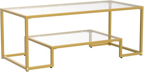 Miniatura 4 de Mesa de centro de cristal de metal dorado  Dos niveles con vidrio templado, elegante mesa de centro con marco de metal para dormitorio, comedor y